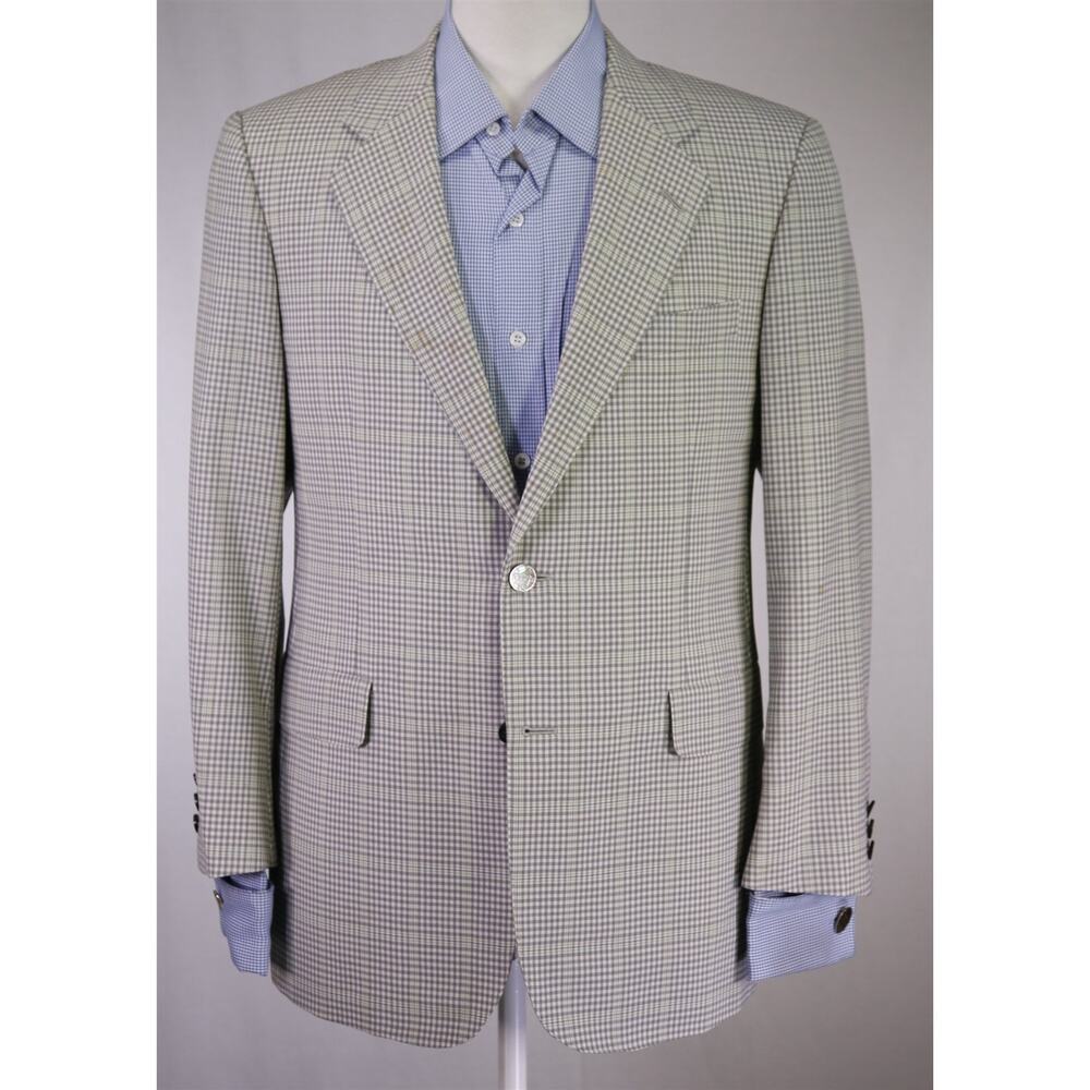 Hickey Freeman Gray Cream Gingham Check Lime Green Wool Sportcoat Blazer 40S - Picture 2 of 12